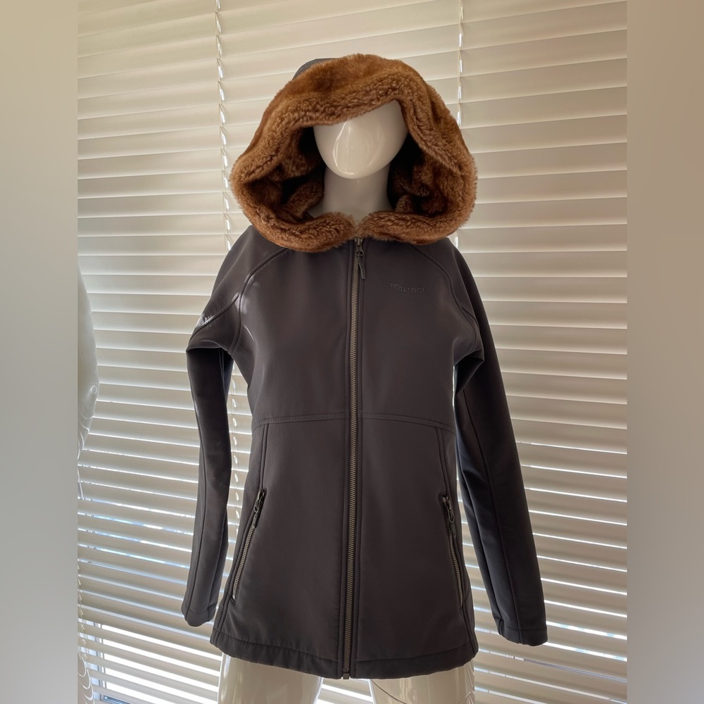 Women’s size Medium, gray Marmot jacket, faux fur hood